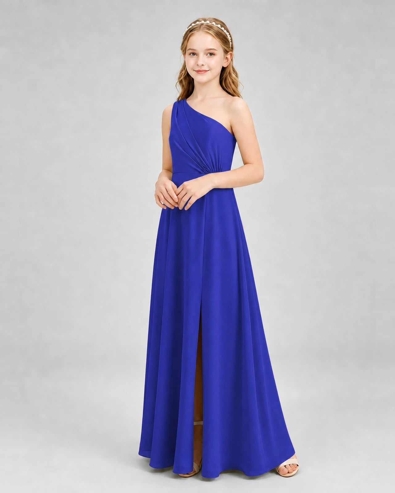 Dideyttawl One Shoulder Pleated Chiffon Junior Bridesmaid Dress with Slit and Back Bow
