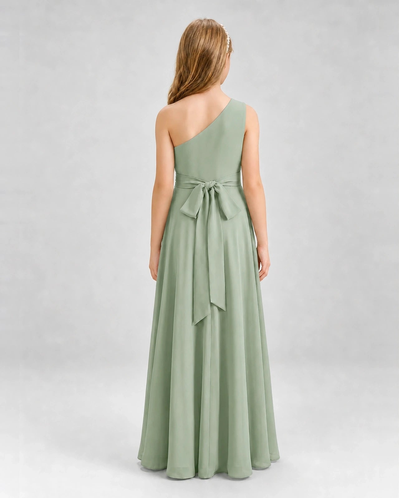 Dideyttawl One Shoulder Pleated Chiffon Junior Bridesmaid Dress with Slit and Back Bow
