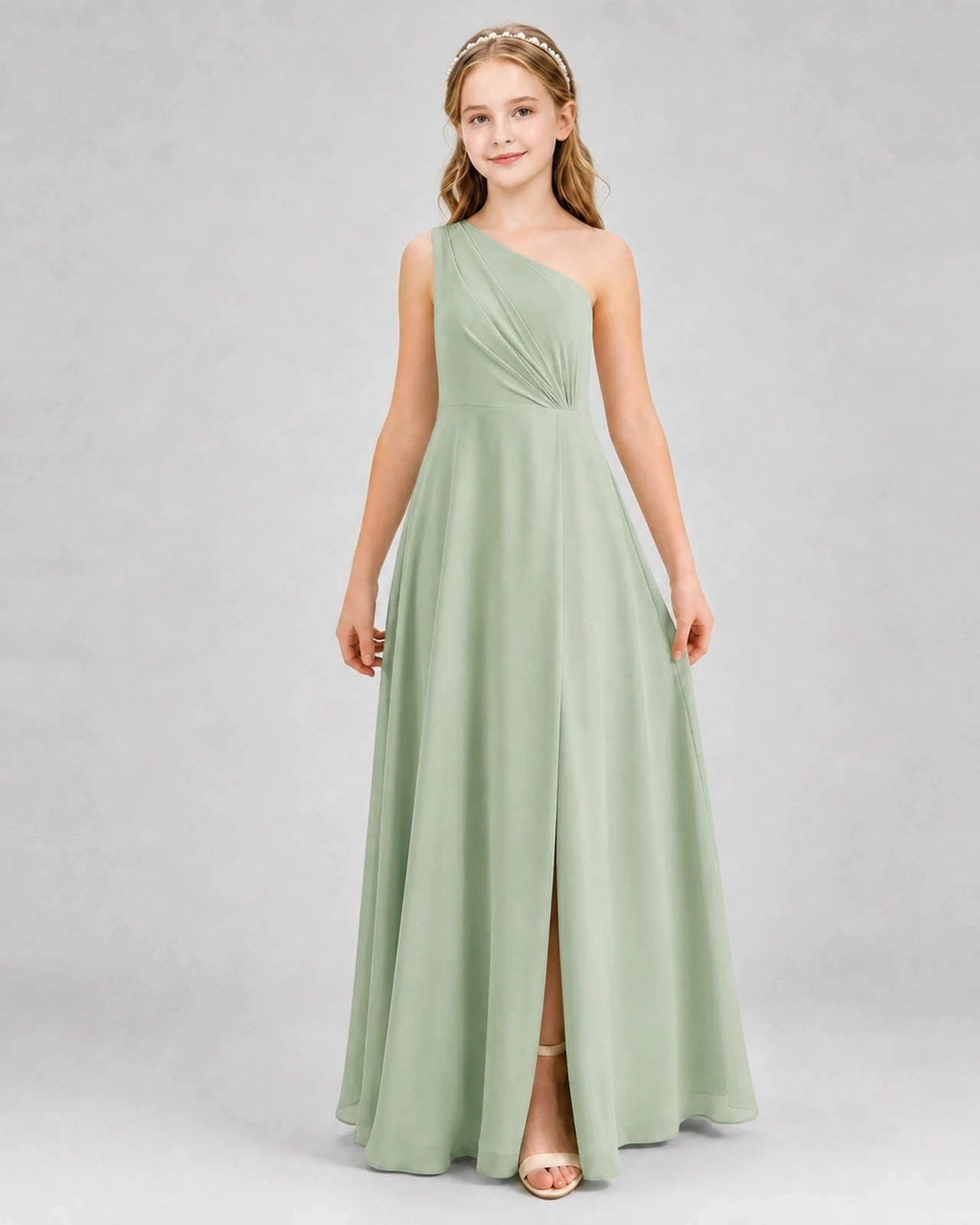 Dideyttawl One Shoulder Pleated Chiffon Junior Bridesmaid Dress with Slit and Back Bow