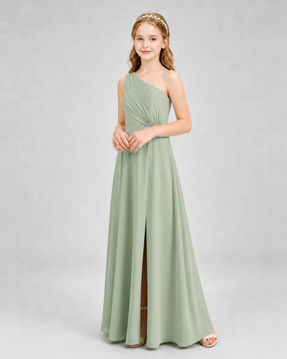 Dideyttawl One Shoulder Pleated Chiffon Junior Bridesmaid Dress with Slit and Back Bow