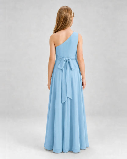 Dideyttawl One Shoulder Pleated Chiffon Junior Bridesmaid Dress with Slit and Back Bow