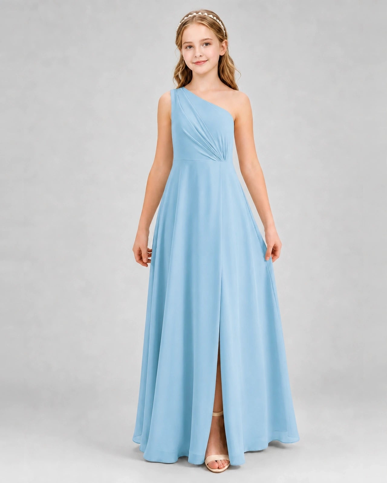 Dideyttawl One Shoulder Pleated Chiffon Junior Bridesmaid Dress with Slit and Back Bow