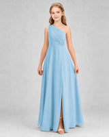 Sky Blue Chiffon One-Shoulder A-Line Junior Bridesmaid Dresses Front View