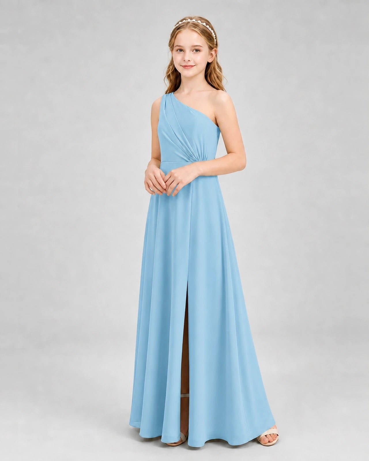 Dideyttawl One Shoulder Pleated Chiffon Junior Bridesmaid Dress with Slit and Back Bow