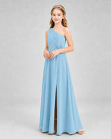 Sky Blue Chiffon One-Shoulder Junior Bridesmaid Dresses Side View