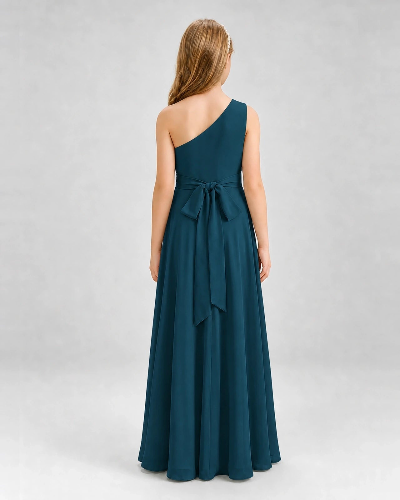 Dideyttawl One Shoulder Pleated Chiffon Junior Bridesmaid Dress with Slit and Back Bow