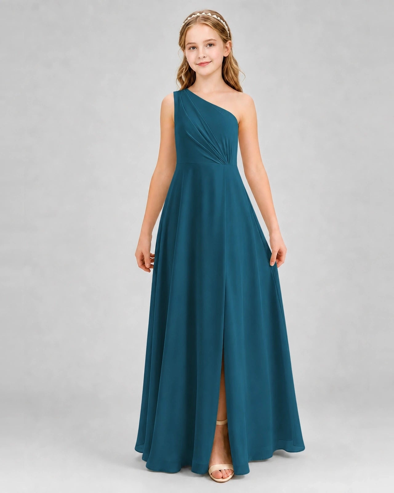 Dideyttawl One Shoulder Pleated Chiffon Junior Bridesmaid Dress with Slit and Back Bow