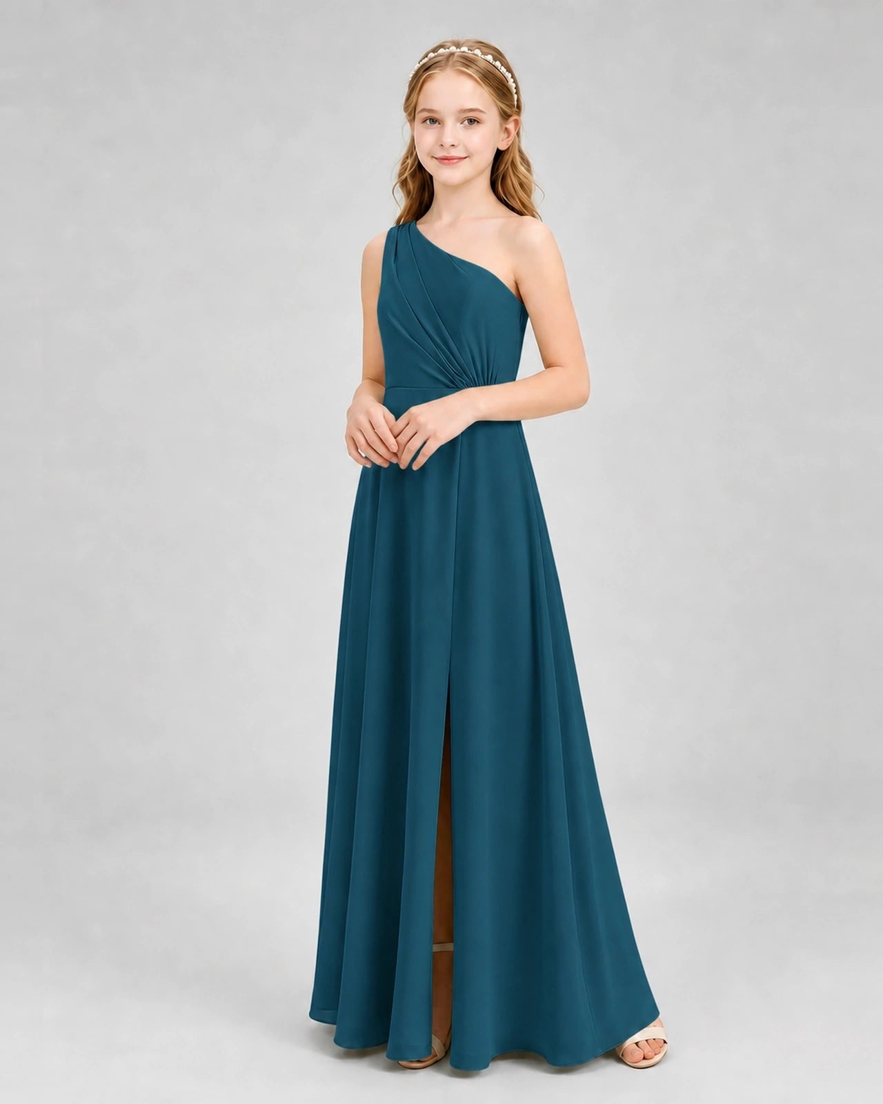 Dideyttawl One Shoulder Pleated Chiffon Junior Bridesmaid Dress with Slit and Back Bow