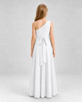 White Chiffon One-Shoulder Junior Bridesmaid Dress Back View