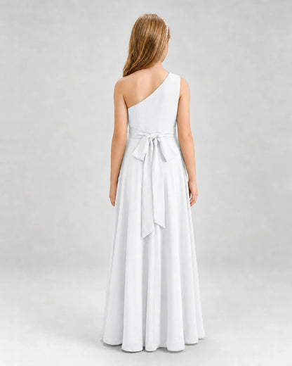 Dideyttawl One Shoulder Pleated Chiffon Junior Bridesmaid Dress with Slit and Back Bow