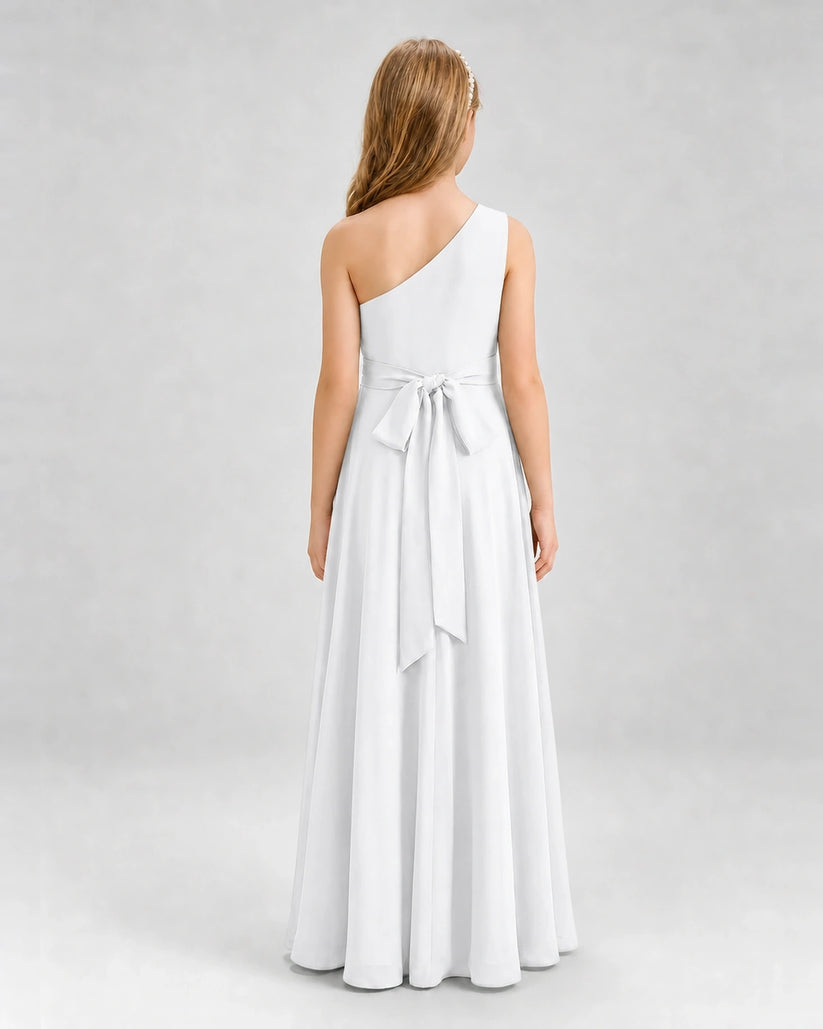 White Chiffon One-Shoulder Junior Bridesmaid Dress Back View
