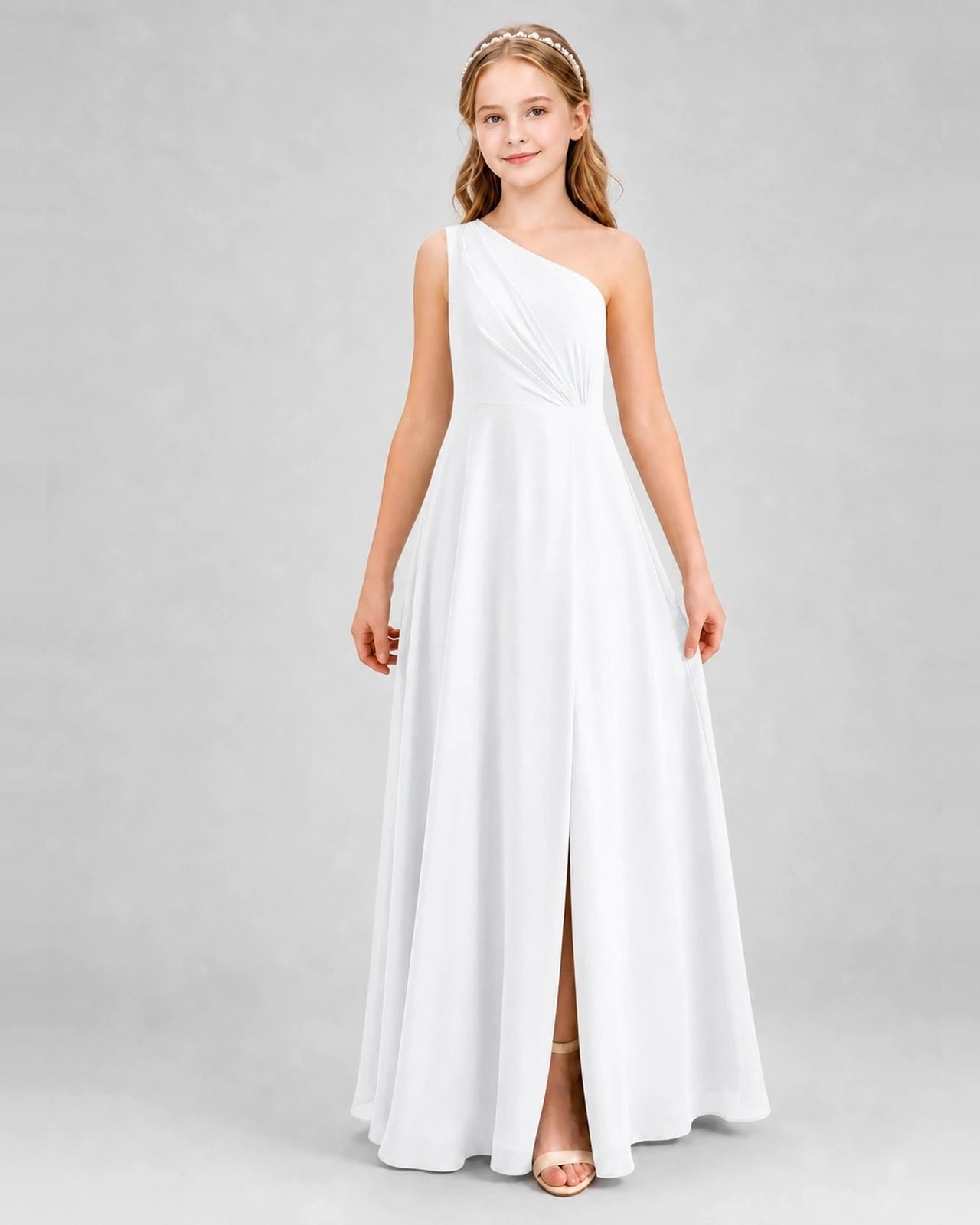 Dideyttawl One Shoulder Pleated Chiffon Junior Bridesmaid Dress with Slit and Back Bow