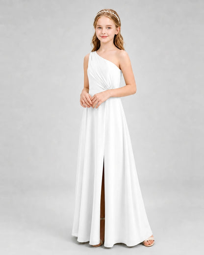 Dideyttawl One Shoulder Pleated Chiffon Junior Bridesmaid Dress with Slit and Back Bow