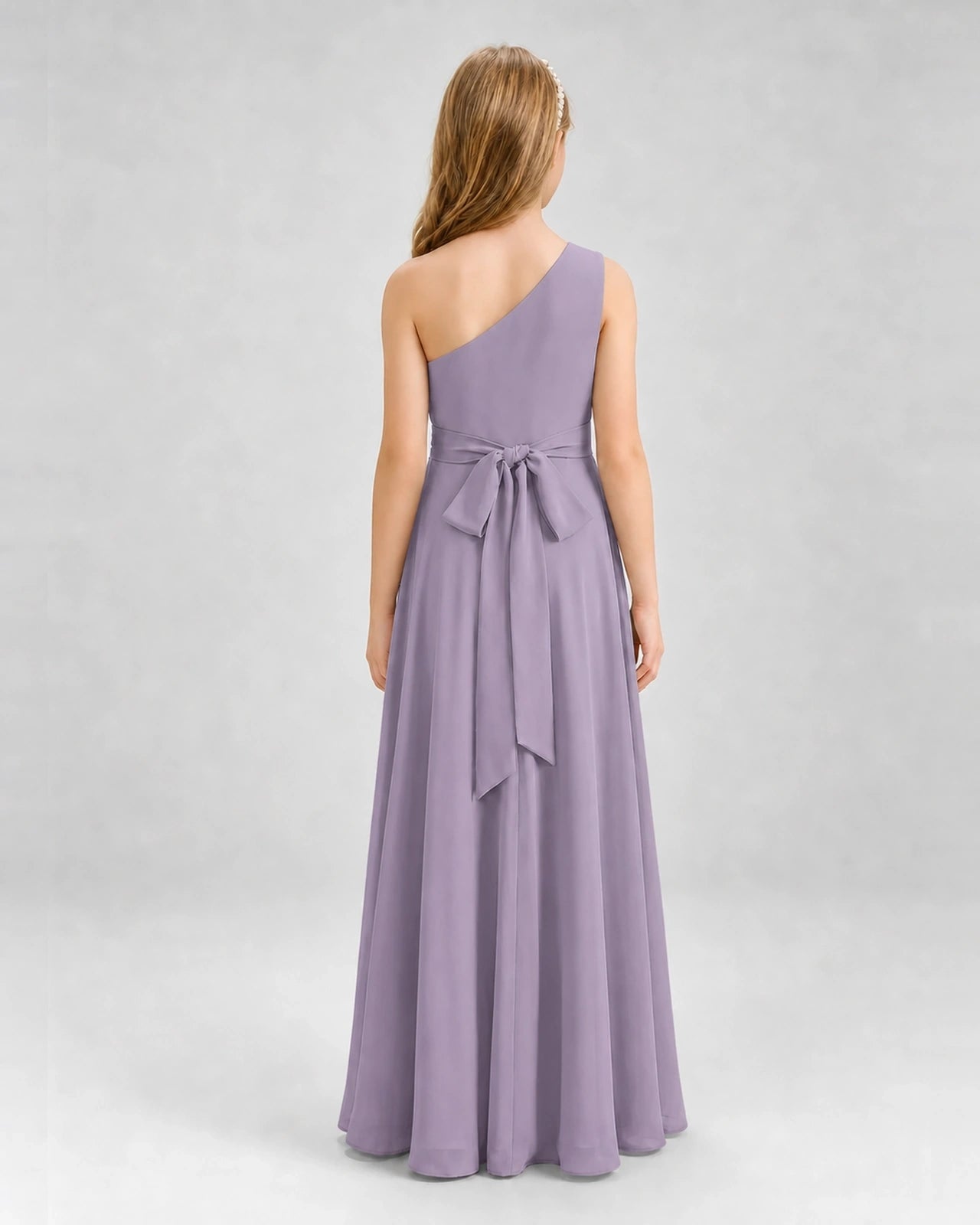 Dideyttawl One Shoulder Pleated Chiffon Junior Bridesmaid Dress with Slit and Back Bow