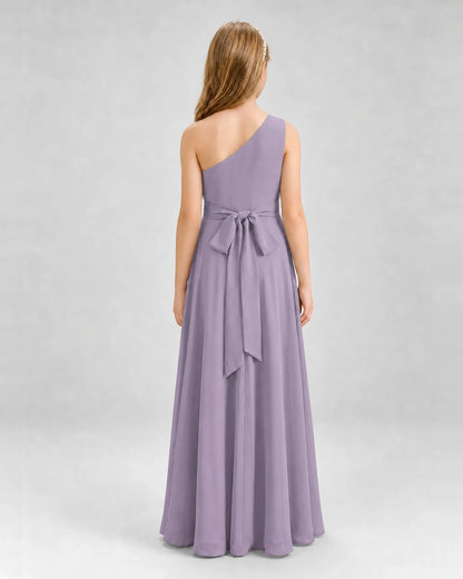 Dideyttawl One Shoulder Pleated Chiffon Junior Bridesmaid Dress with Slit and Back Bow