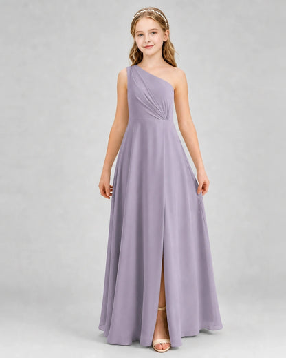 Dideyttawl One Shoulder Pleated Chiffon Junior Bridesmaid Dress with Slit and Back Bow