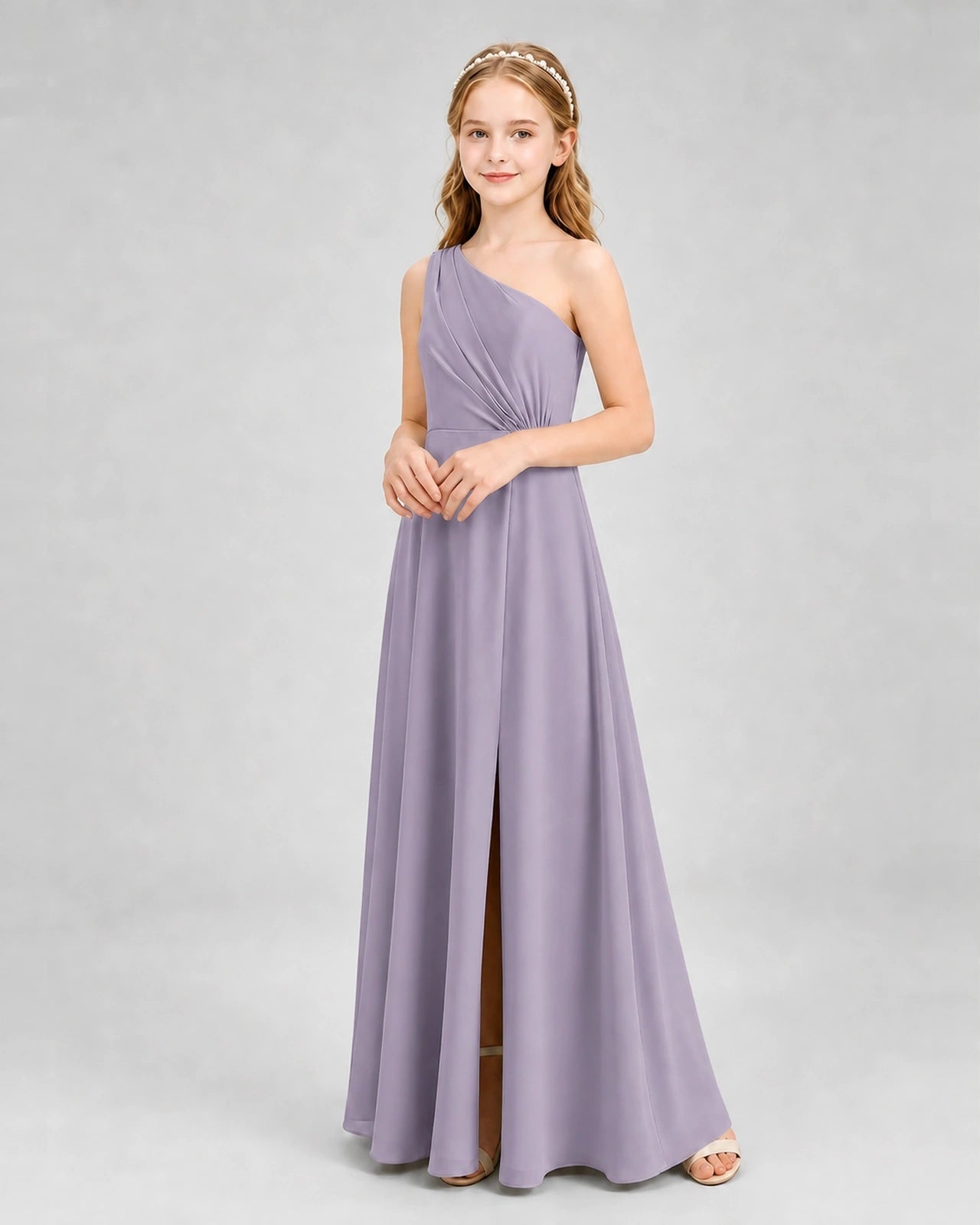 Dideyttawl One Shoulder Pleated Chiffon Junior Bridesmaid Dress with Slit and Back Bow