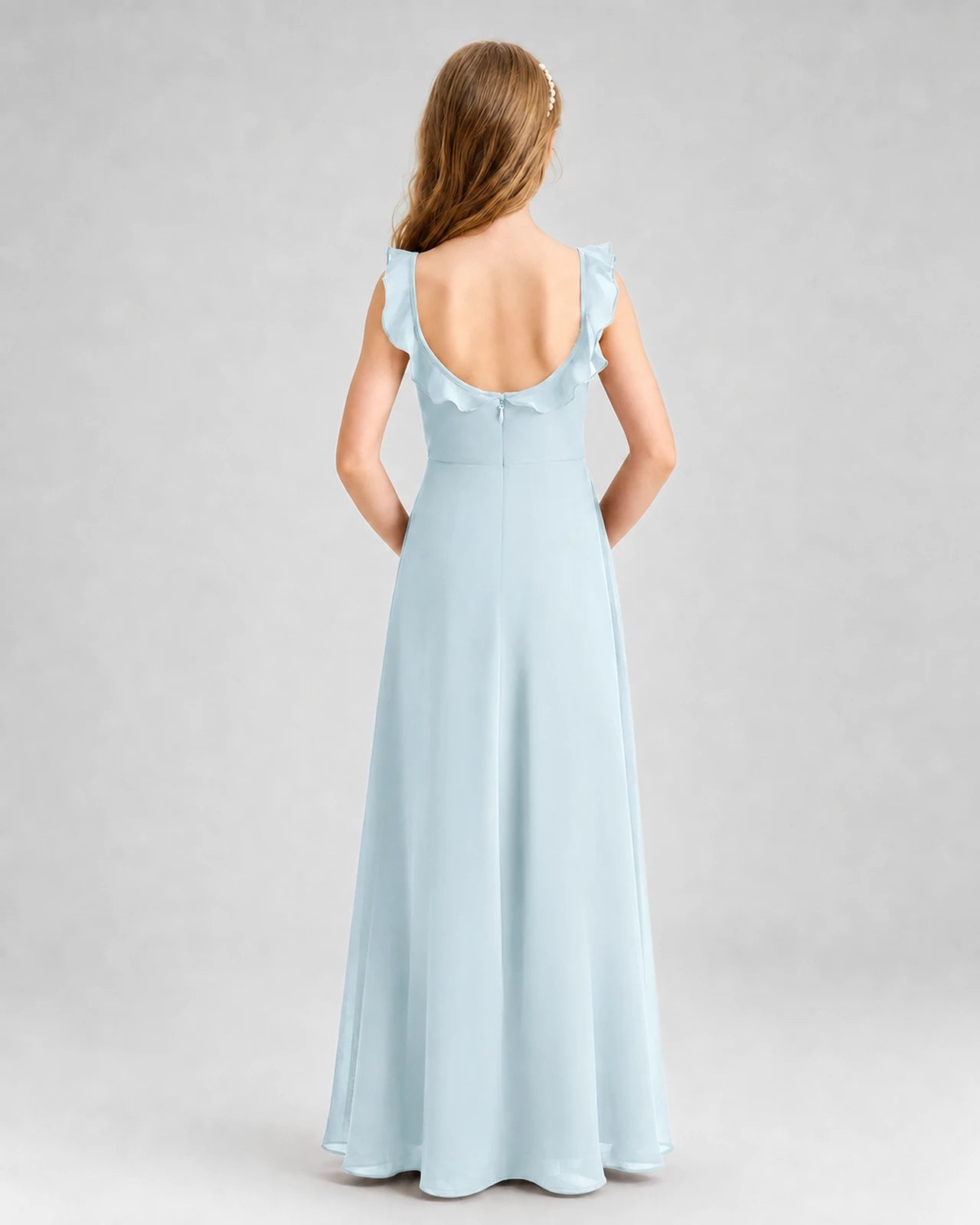 Baby Blue Chiffon Ruffle-Strap Junior Bridesmaid Dresses Back View