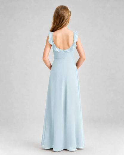 Baby Blue Chiffon Ruffle-Strap Junior Bridesmaid Dresses Back View