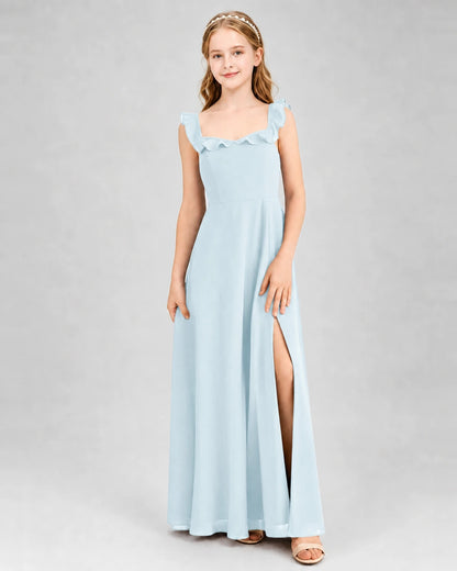 Baby Blue Chiffon Ruffled Square Neck Junior Bridesmaid Dresses Front View