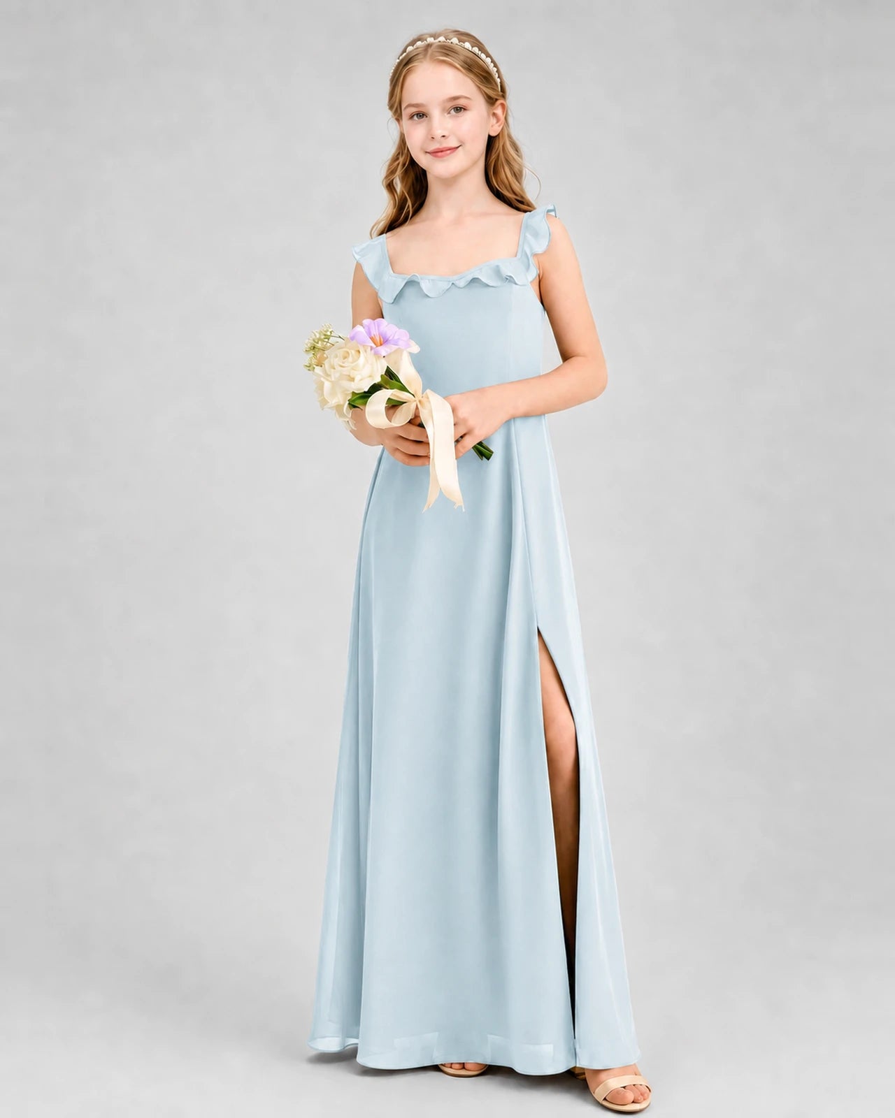 Baby Blue Chiffon Ruffle Straps Junior Bridesmaid Dresses