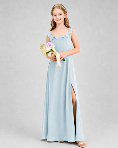 Baby Blue Chiffon Ruffle Straps Junior Bridesmaid Dresses