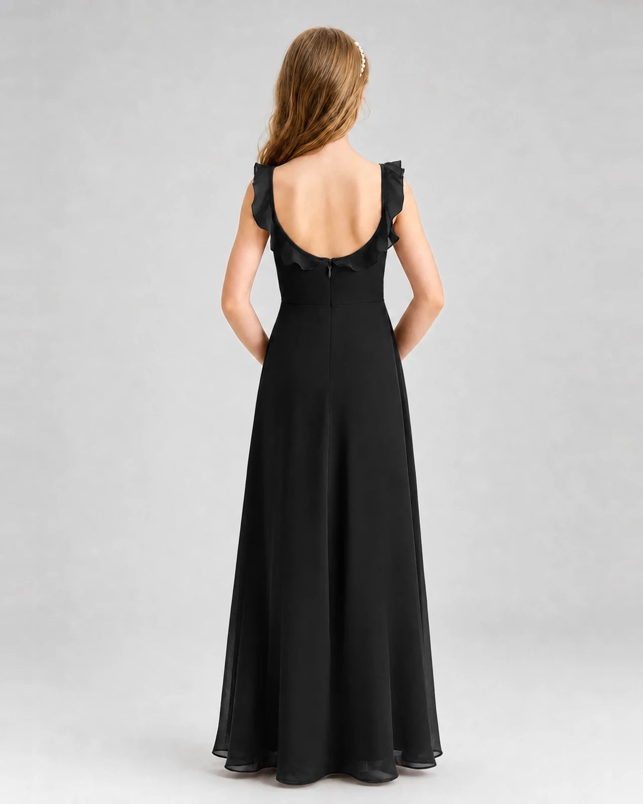 Black Chiffon Ruffled Scoop Neck Junior Bridesmaid Dresses Back View
