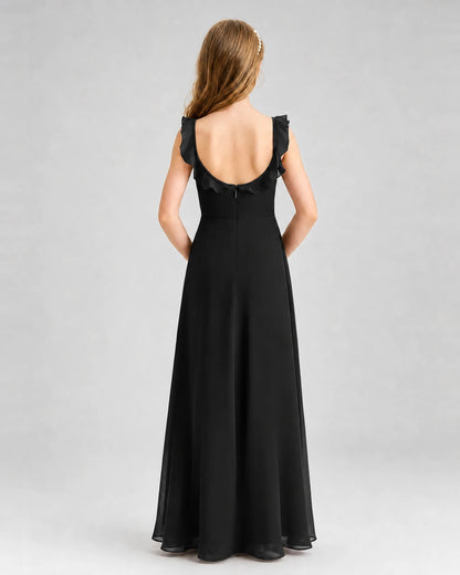 Black Chiffon Ruffled Scoop Neck Junior Bridesmaid Dresses Back View
