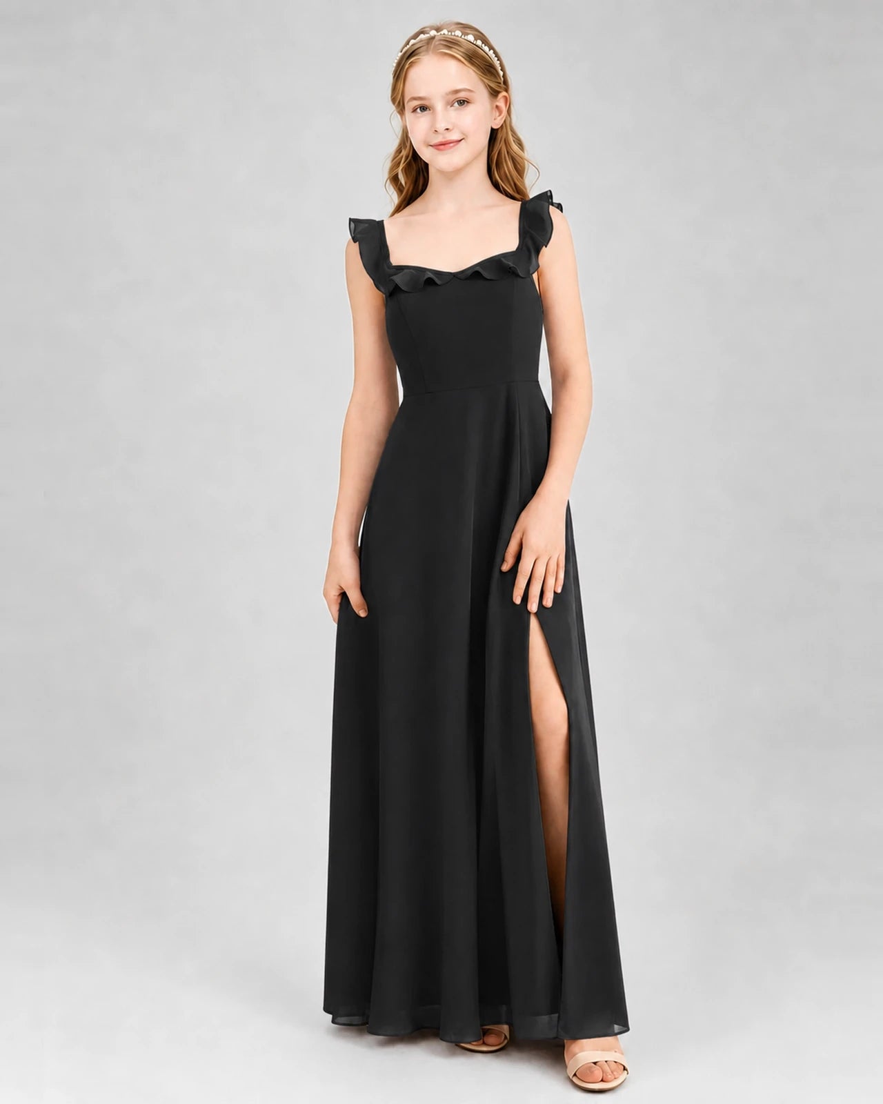 Black chiffon ruffled slit A-line junior bridesmaid dress Front View