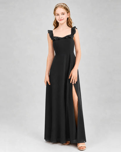 Black chiffon ruffled slit A-line junior bridesmaid dress Front View