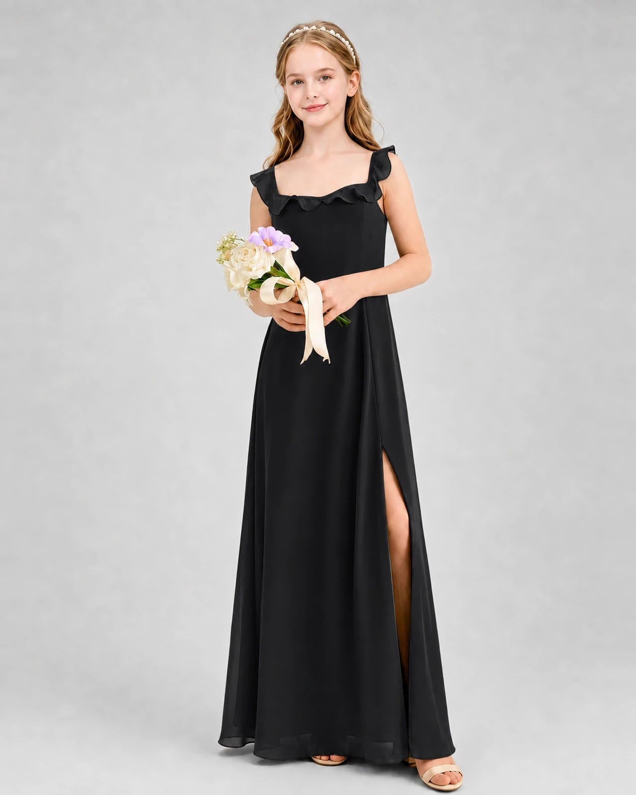 Black Chiffon Ruffle Junior Bridesmaid Dresses