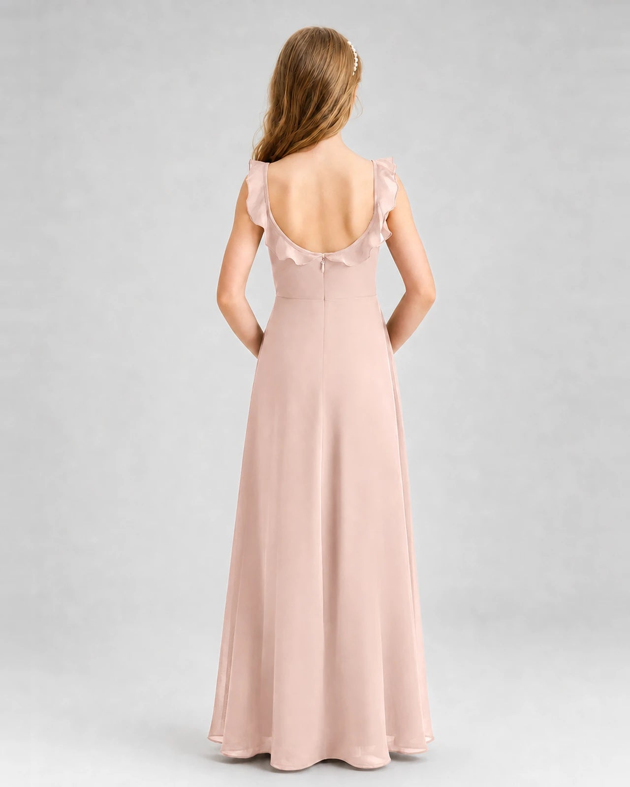 Blush Pink Chiffon Ruffled A-Line Junior Bridesmaid Dresses Back View