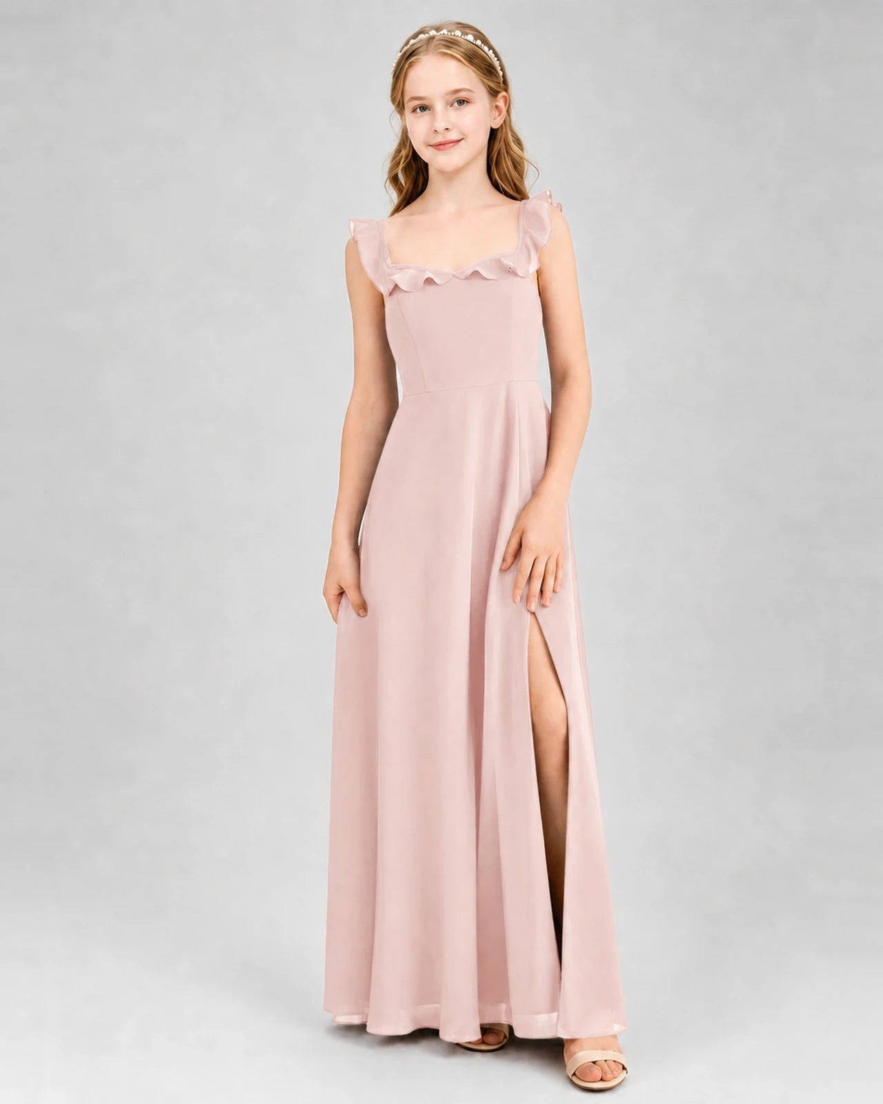 Blush Pink Chiffon Ruffle-Trimmed Junior Bridesmaid Dresses Front View