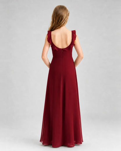 Burgundy chiffon ruffle-strap junior bridesmaid dress, back view