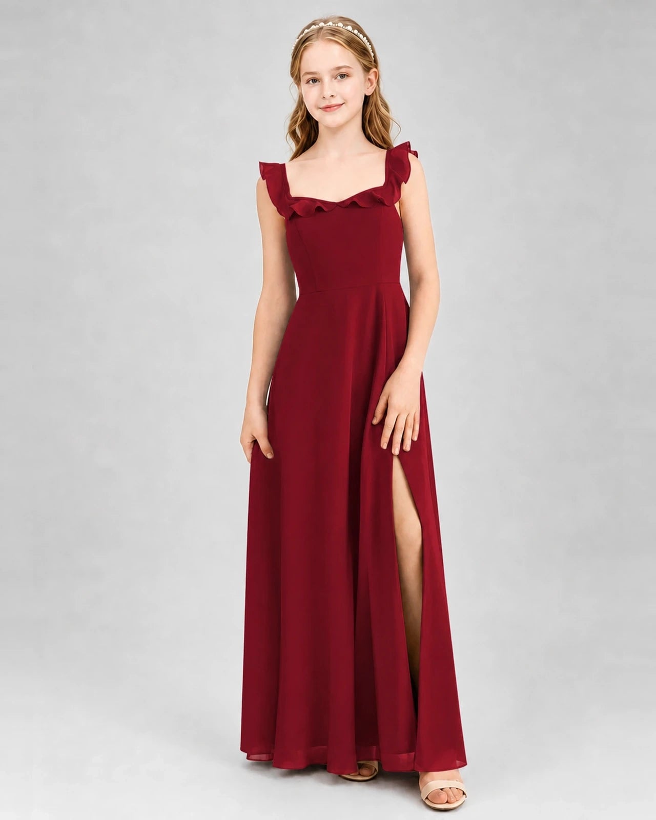 Burgundy Chiffon Ruffle Strap Slit Junior Bridesmaid Dress Front View