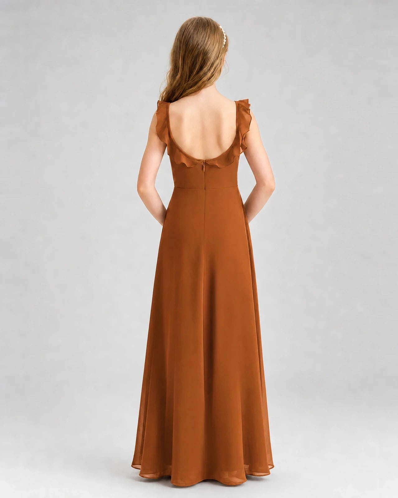 Burnt Orange Chiffon Ruffled Scoop Neck Junior Bridesmaid Dress Back View