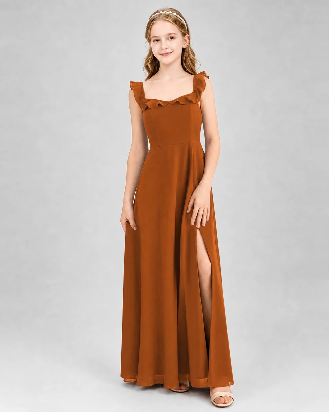 Burnt Orange Chiffon Ruffle-Strap Junior Bridesmaid Dress Front View
