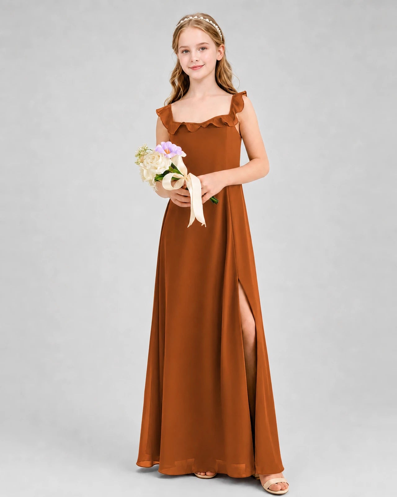 Burnt Orange Chiffon Ruffle Square Neck Junior Bridesmaid Dresses Front View