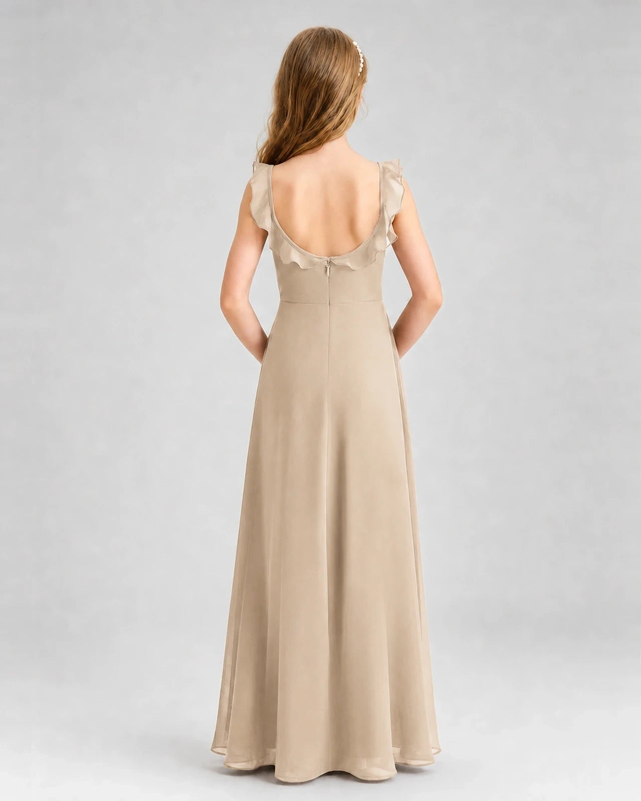 Champagne Chiffon Ruffle Scoop Neck Junior Bridesmaid Dresses Back View