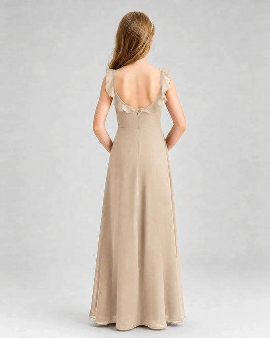 Champagne Chiffon Ruffle Scoop Neck Junior Bridesmaid Dresses Back View