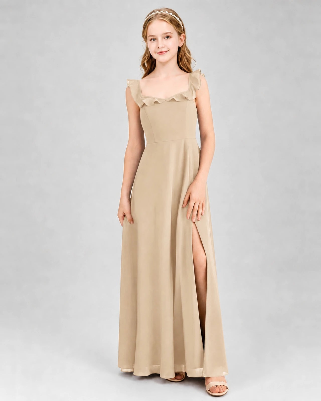 Champagne Chiffon Ruffled A-Line Junior Bridesmaid Dresses Front View