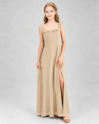 Champagne Chiffon Ruffled A-Line Junior Bridesmaid Dresses Front View