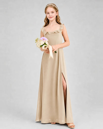 Champagne Chiffon Ruffle Square Neck Split Junior Bridesmaid Dresses