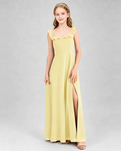 Daffodil chiffon square neck slit junior bridesmaid dress Front View