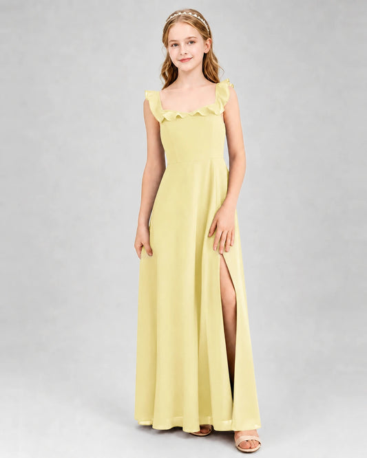 Daffodil chiffon square neck slit junior bridesmaid dress Front View