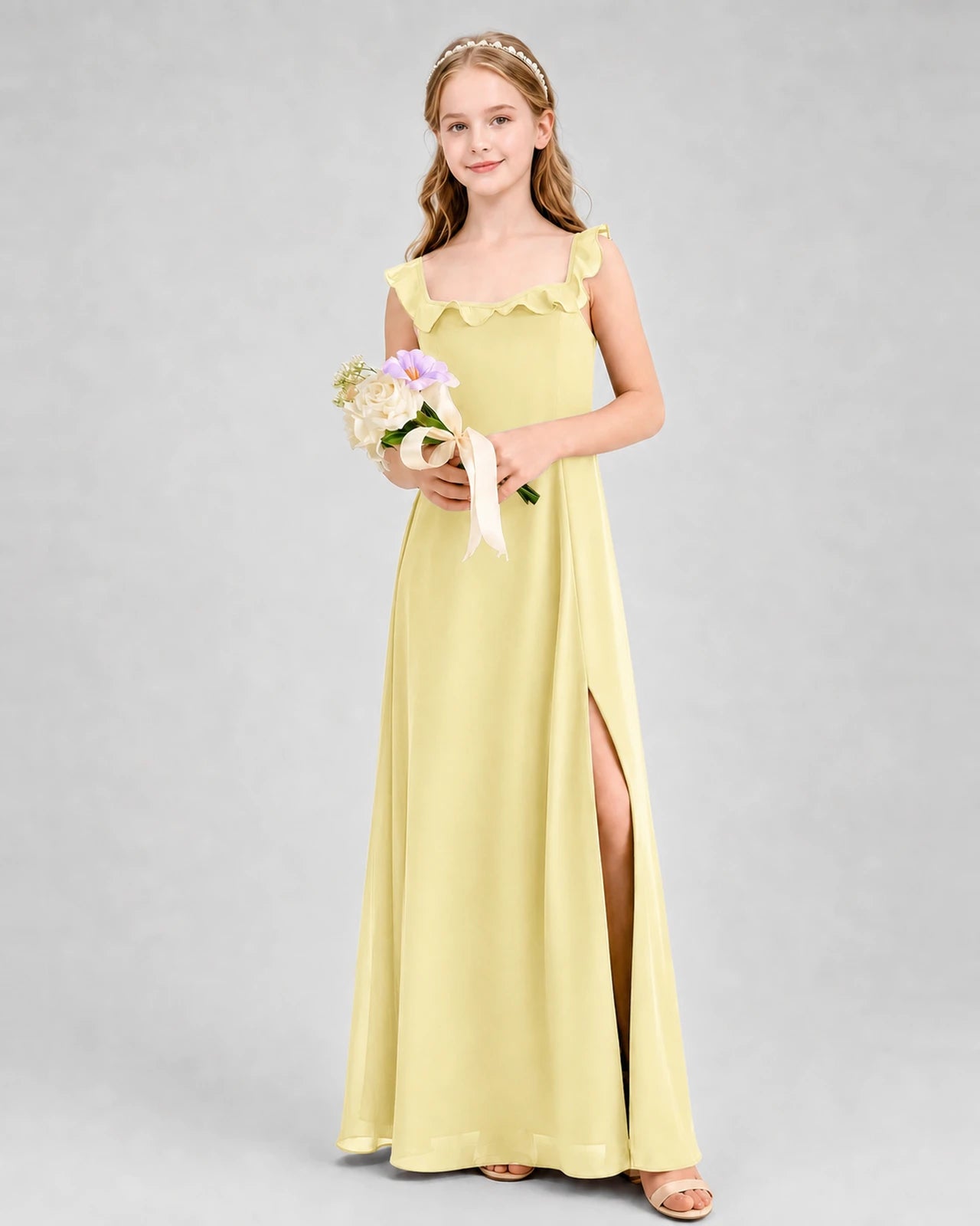 Daffodil Chiffon Ruffled Square Neck Junior Bridesmaid Dresses