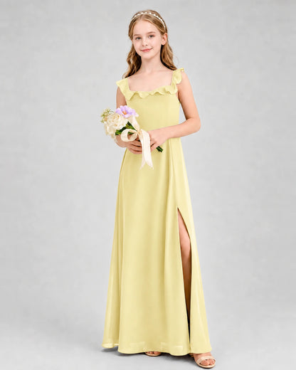 Daffodil Chiffon Ruffled Square Neck Junior Bridesmaid Dresses