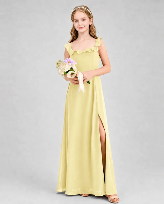 Daffodil Chiffon Ruffled Square Neck Junior Bridesmaid Dresses