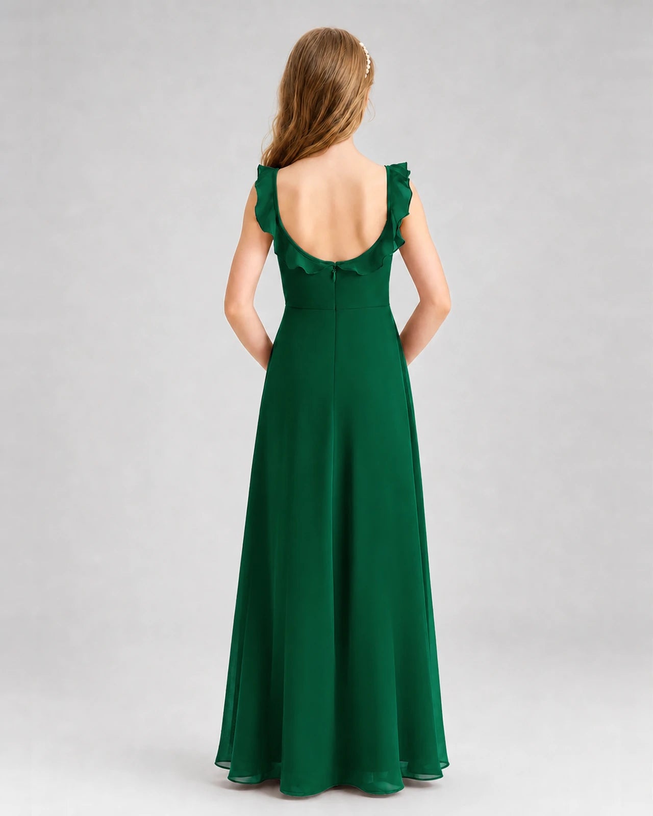 Dark Green Chiffon Ruffle-Trim A-Line Junior Bridesmaid Dresses Back View