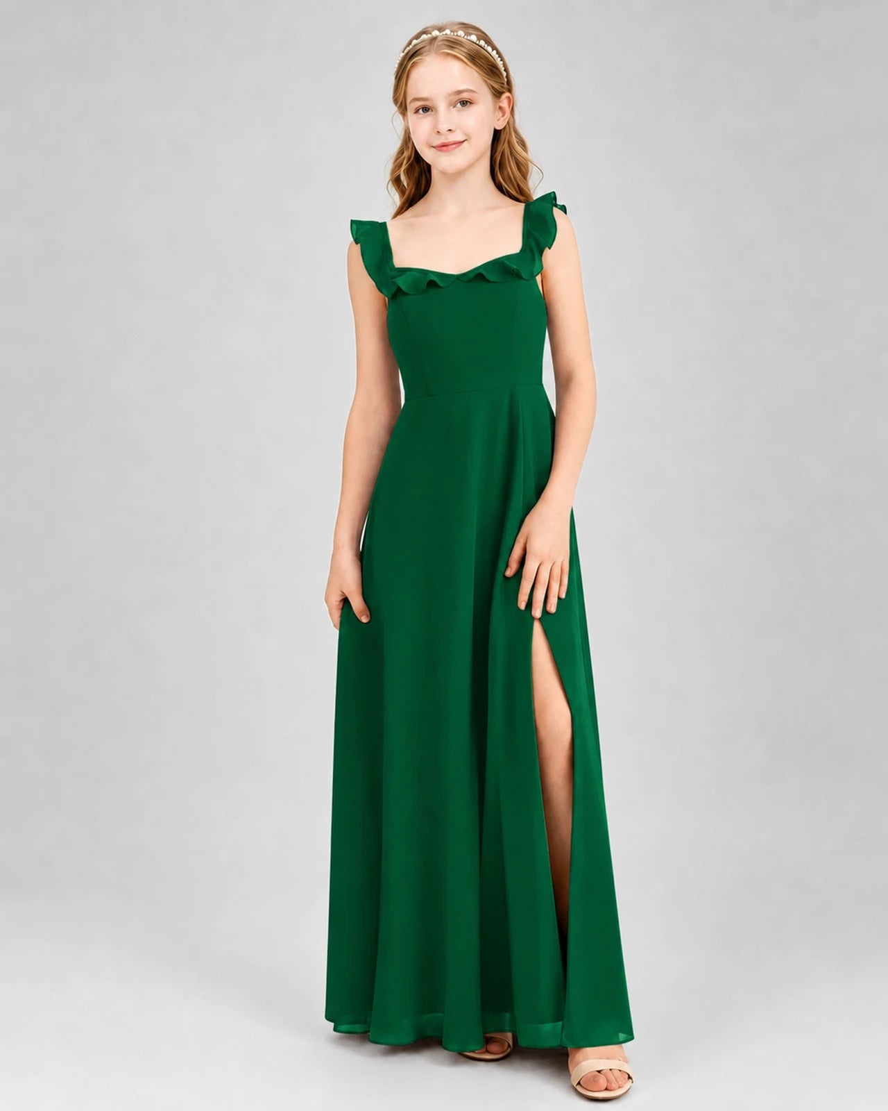 Dark Green Chiffon Ruffled Square Neck Junior Bridesmaid Dresses Front View